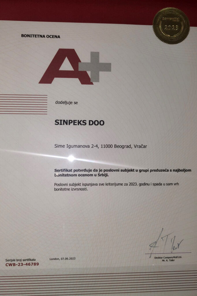 IL-A-bonitetna-ocena--682x1024 Kompanija "Sinpeks" dobitnik sertifikata bonitente ocene A+